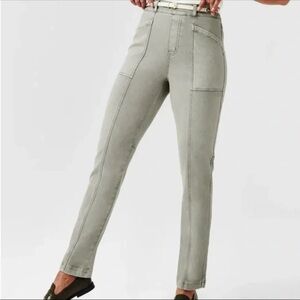 Spanx Stretch Twill Pants Olive Green High Rise Pull On Straight Leg Ankle M